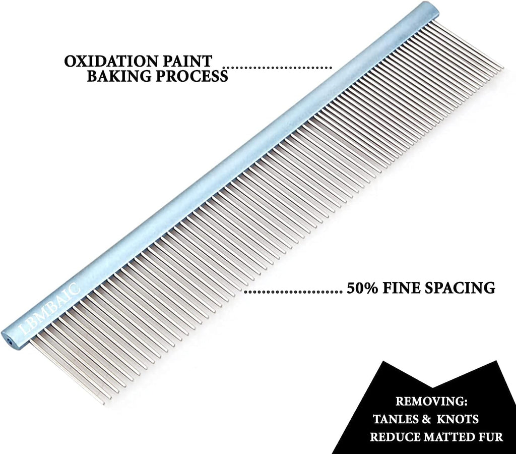 LBMBAIC dual sided stainless steel dog comb removing loose undercoat hair from a poodle.