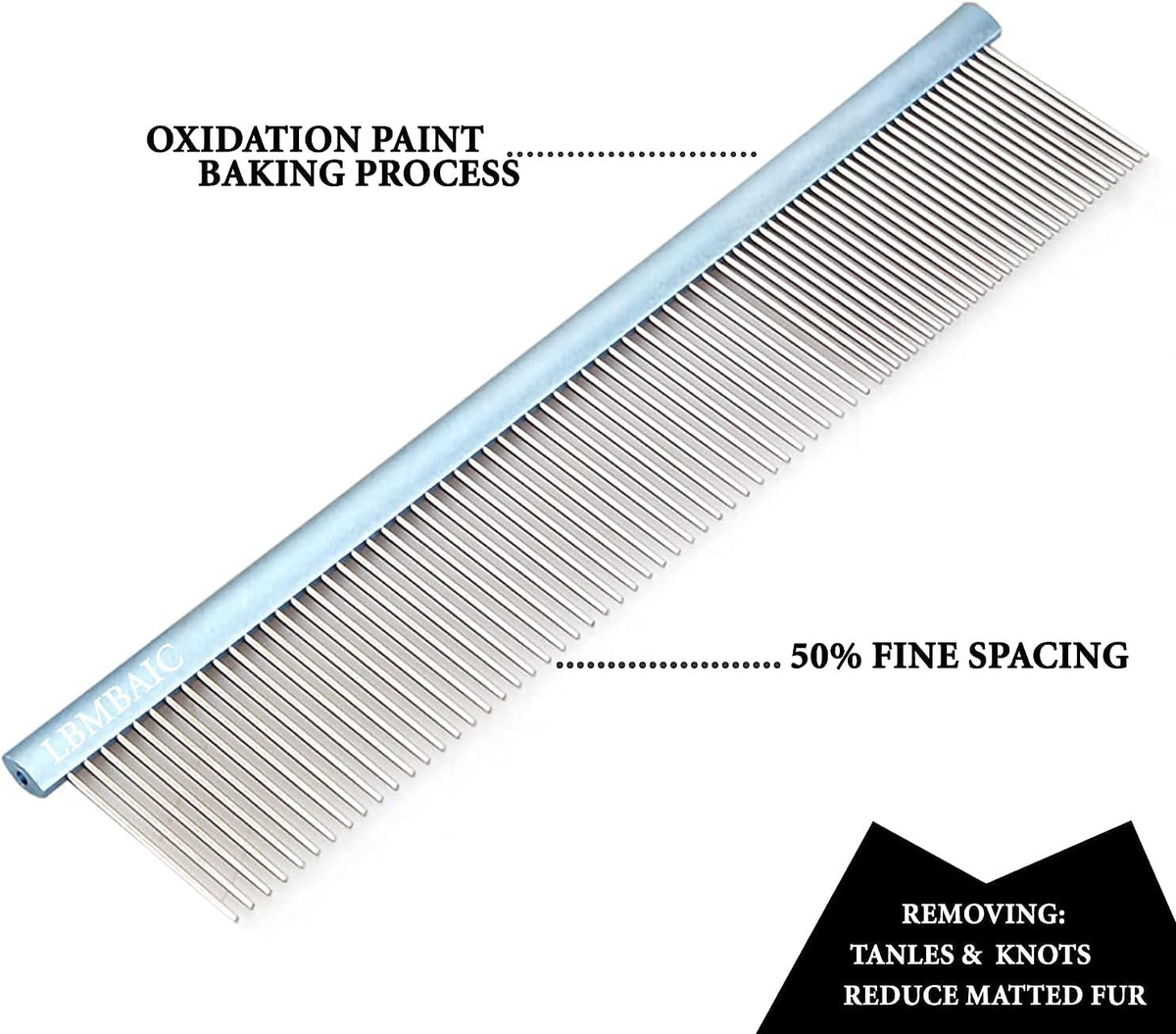 LBMBAIC dual sided stainless steel dog comb removing loose undercoat hair from a poodle.
