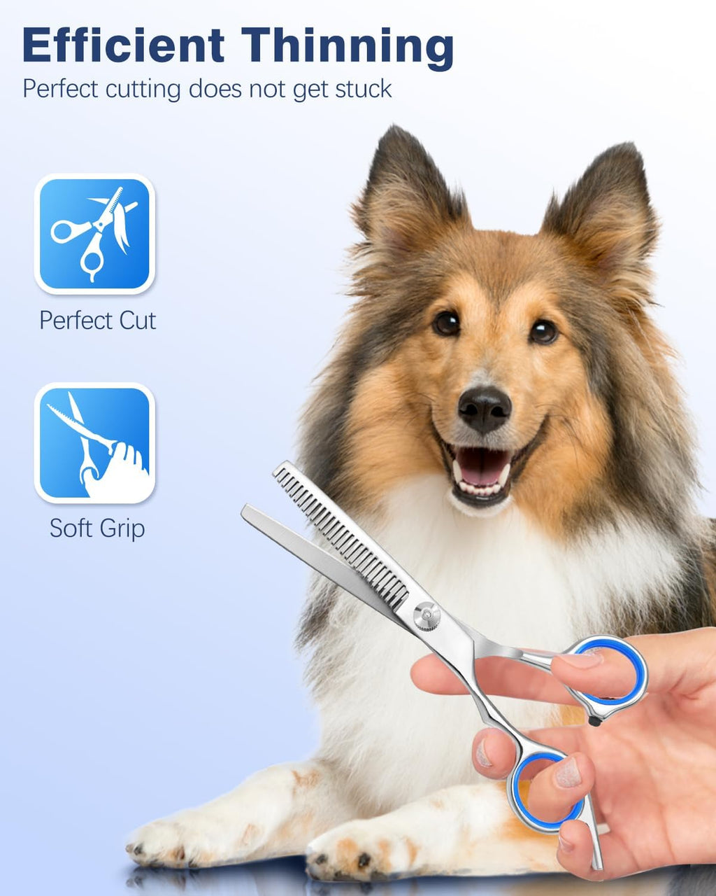 Fiurfiy straight pet hair cutting scissors emphasizing the ergonomic blue non-slip soft-grip handles