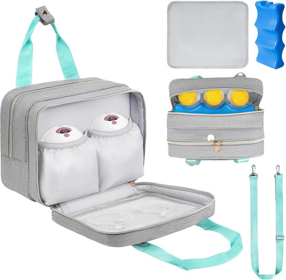 EdirFtra wearable breast pump bag front view gray carrying case with mint green straps