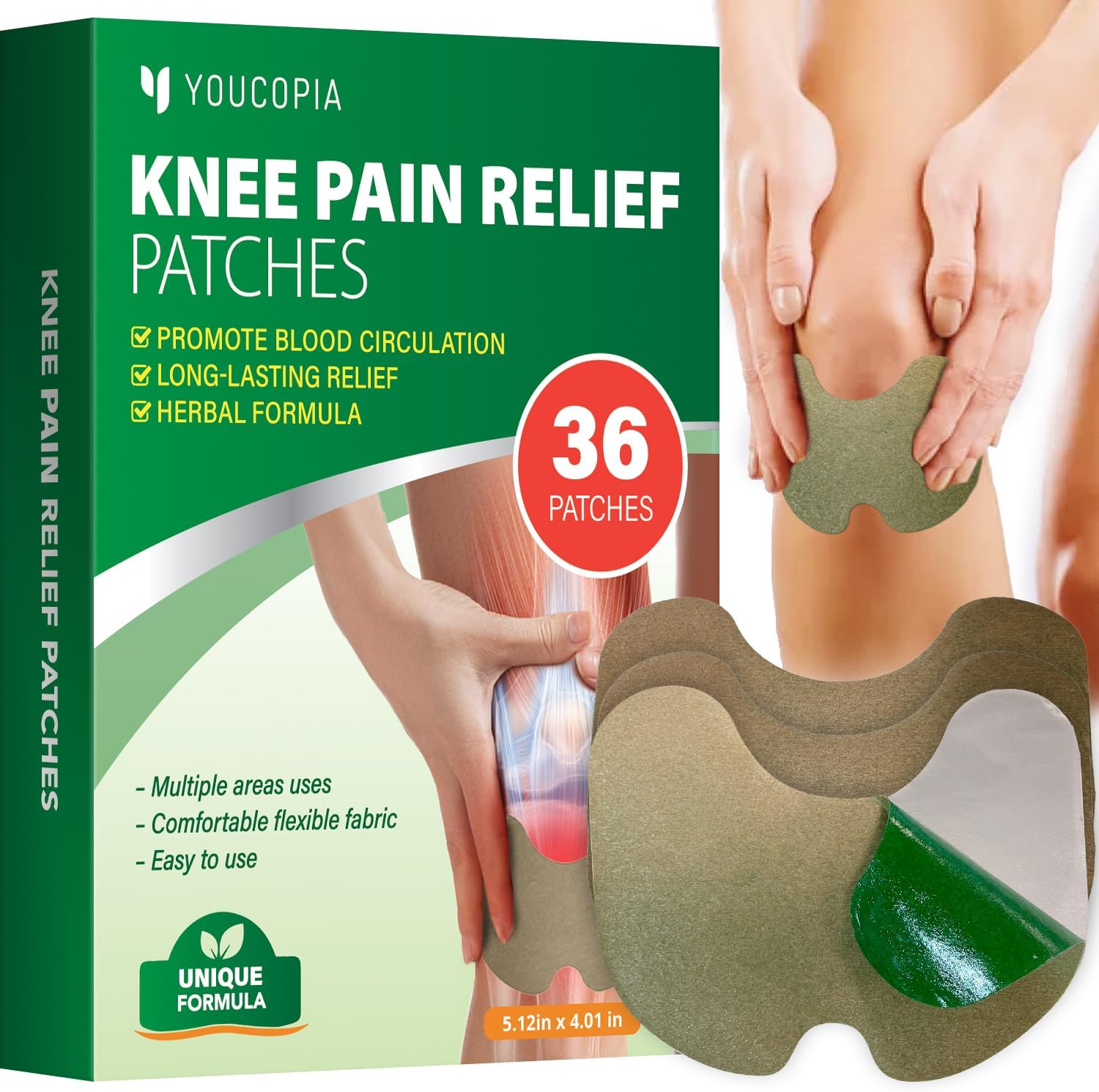 Dcsily YouCopia herbal knee pain relief patches box front view displaying thirty six count packaging.