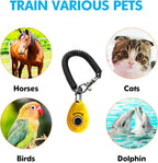 Yellow cat and dog training clicker with wrist band for effective pet obedience.