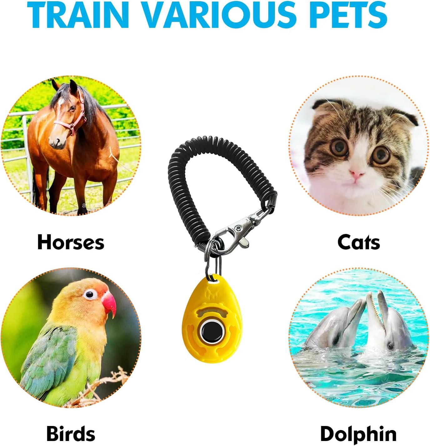 Yellow cat and dog training clicker with wrist band for effective pet obedience.