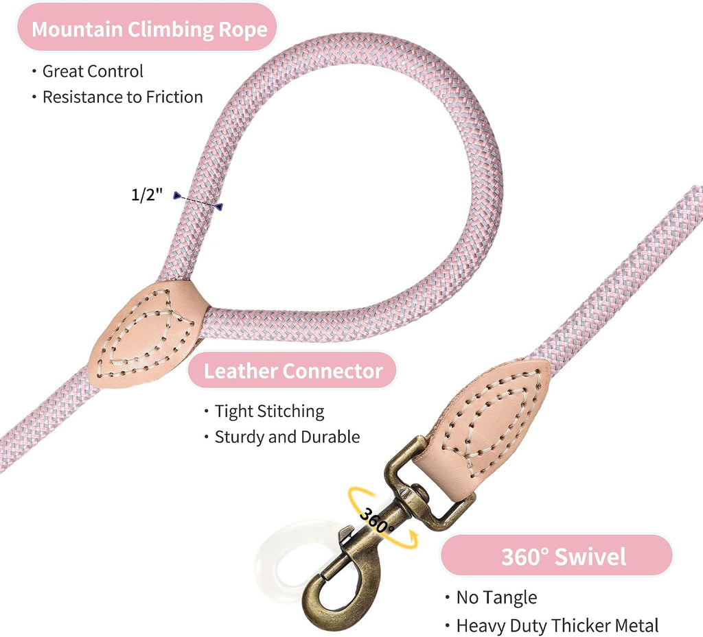 Mile High Life reflective dog leash pink variant highlighting the secure rust resistant metal swivel clasp
