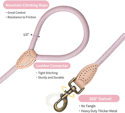 Mile High Life reflective dog leash pink variant highlighting the secure rust resistant metal swivel clasp