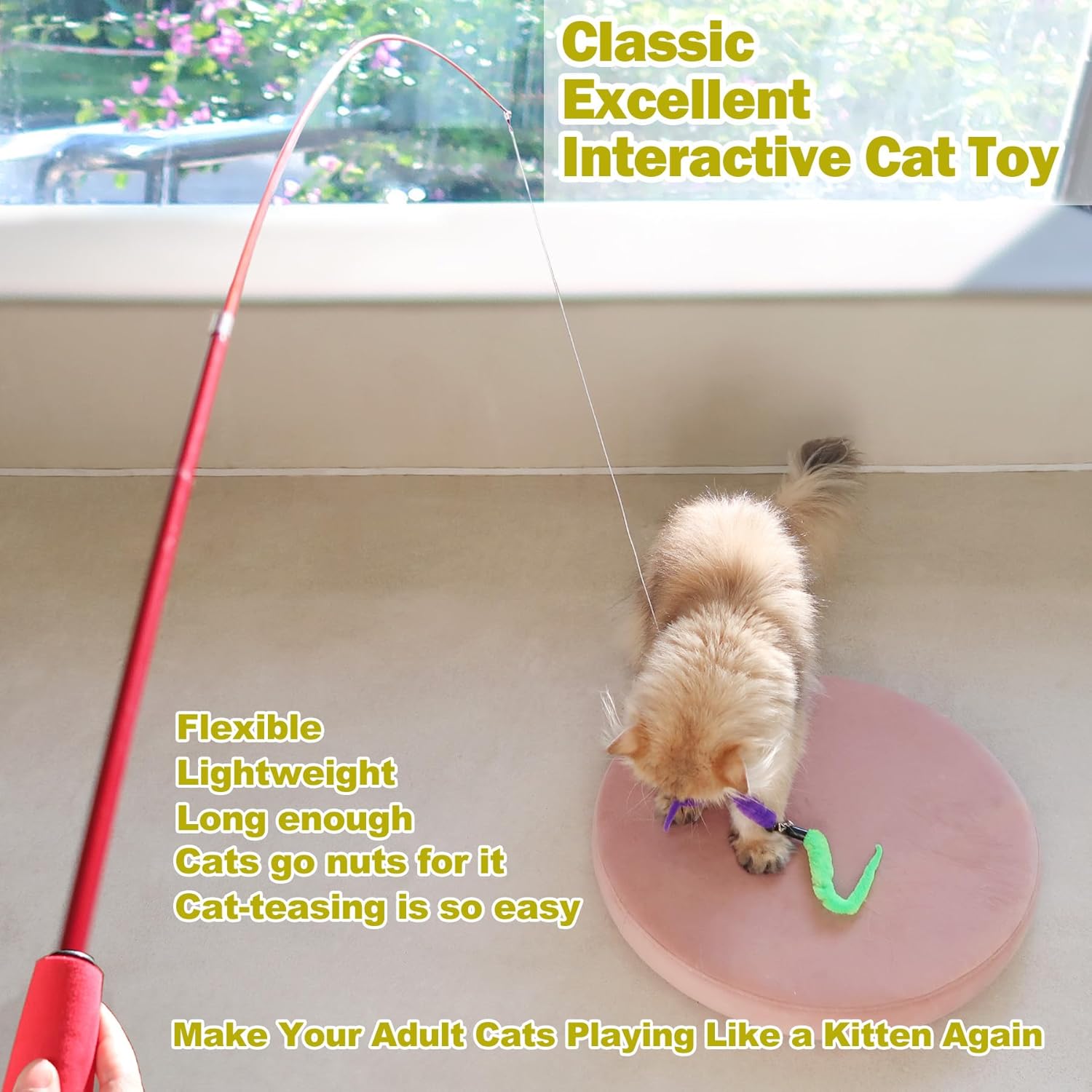 MeoHui cat feather toy kit showcasing nine colorful replacement attachments with bells.