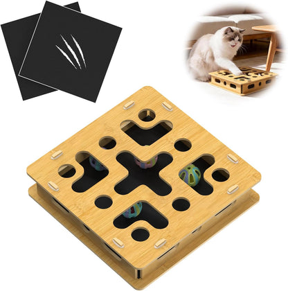 EIODEAR Cat Nail File Box front view showing the premium wooden puzzle structure and slots.
