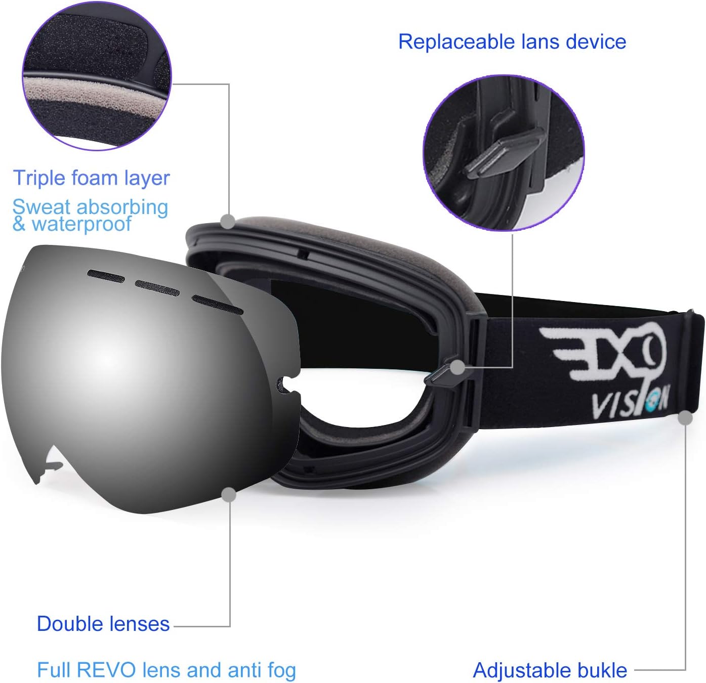EXP VISION Over Glasses Skiing Goggles demonstrating the wide interior for prescription eyewear.