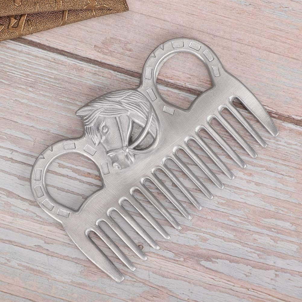 Cyrank metal horse comb held in hand to show portable pocket size
