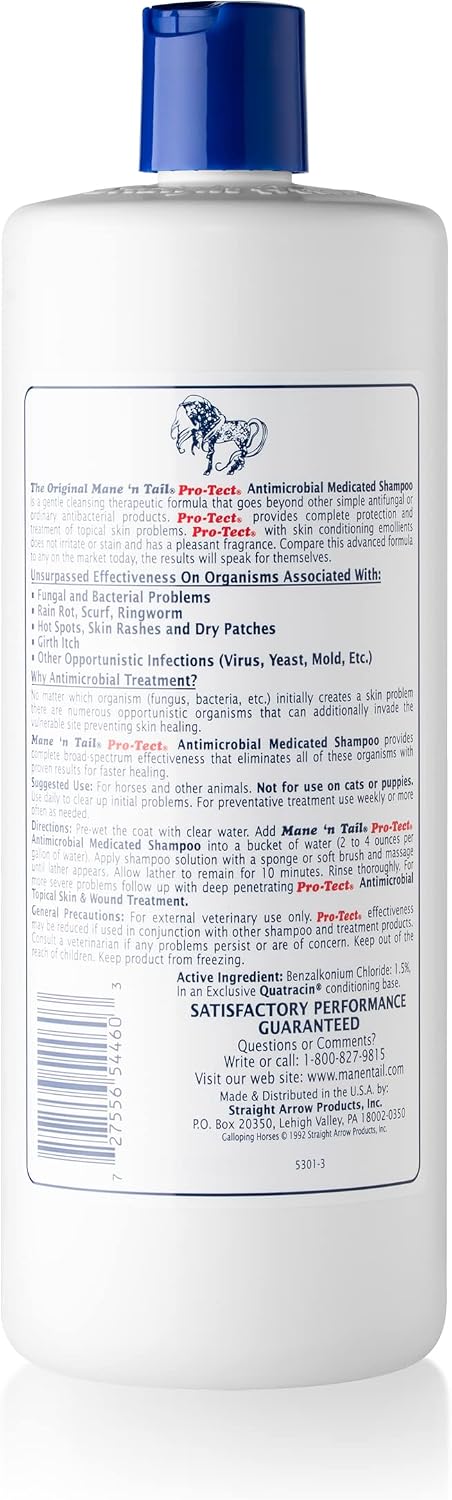Mane 'n Tail Pro-Tect veterinary strength shampoo label detailing antibacterial and antifungal uses