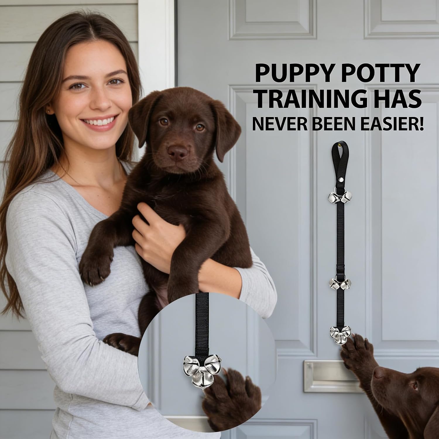 Small dog interacting with Tje potty training bells