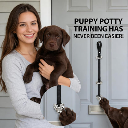 Small dog interacting with Tje potty training bells