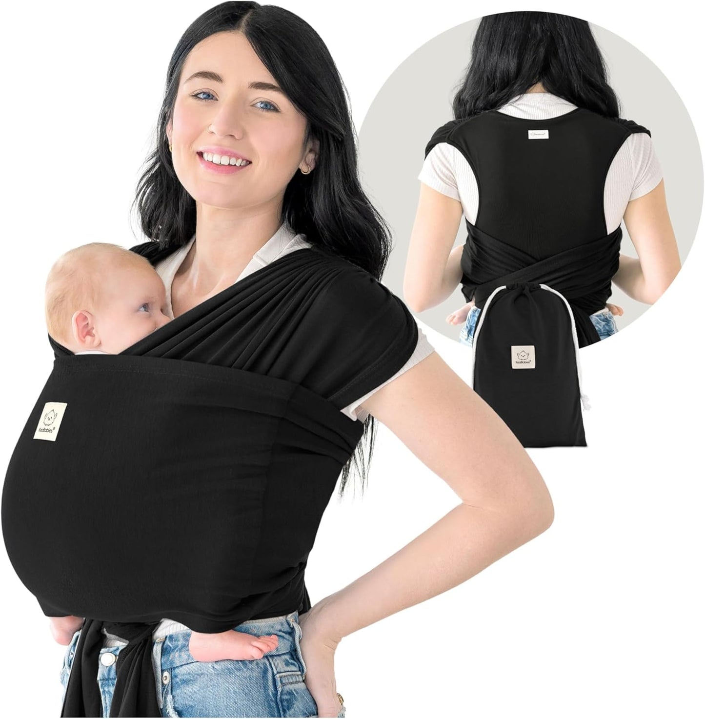 KeaBabies D Lite baby wrap carrier ring sling in trendy black front view on parent