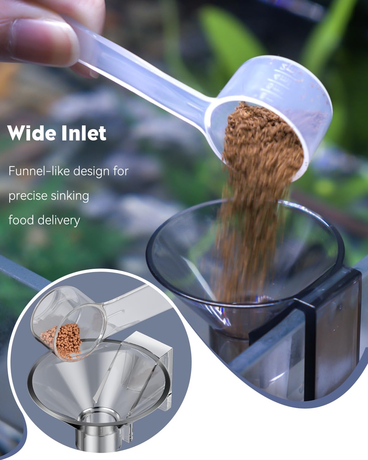 Clear shrimp feeding bowl on substrate holding sinking pellets