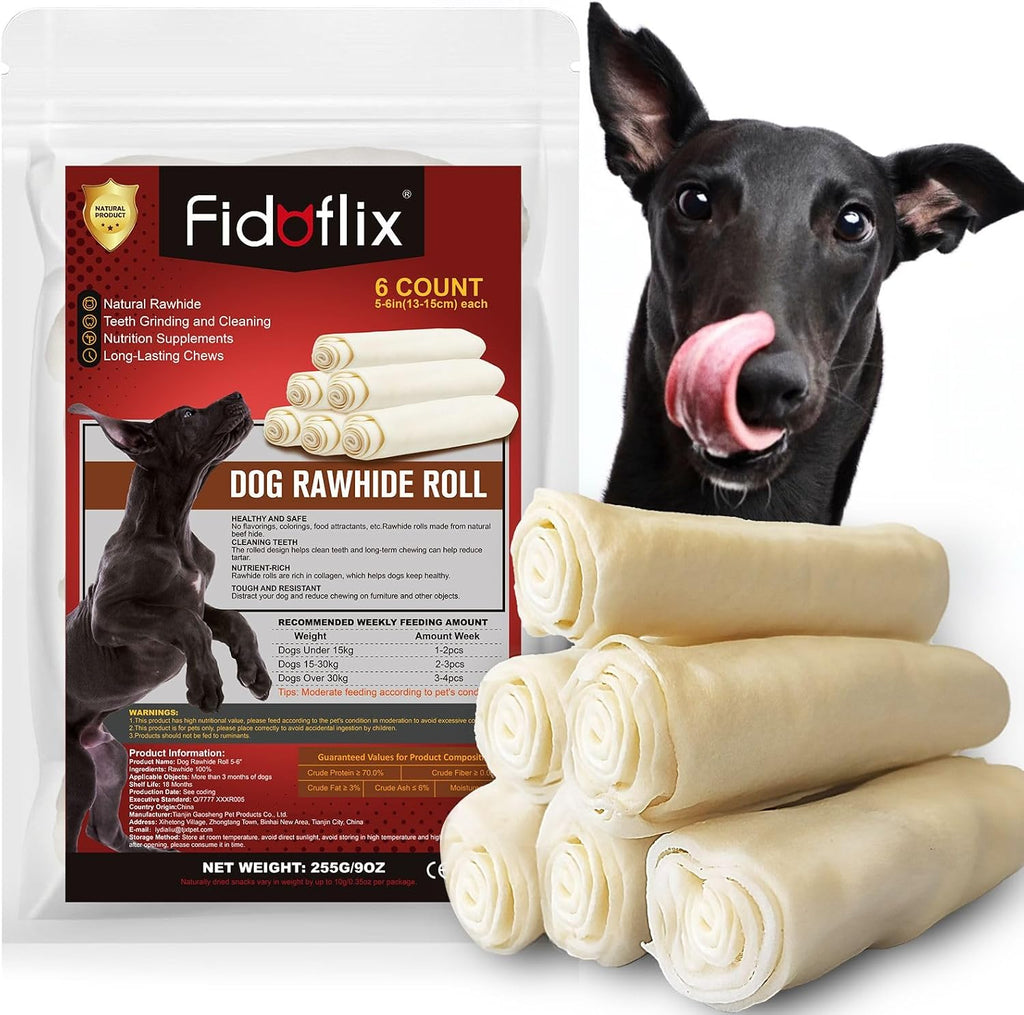 FidoFlix natural rawhide dog rolls front view of premium packaging
