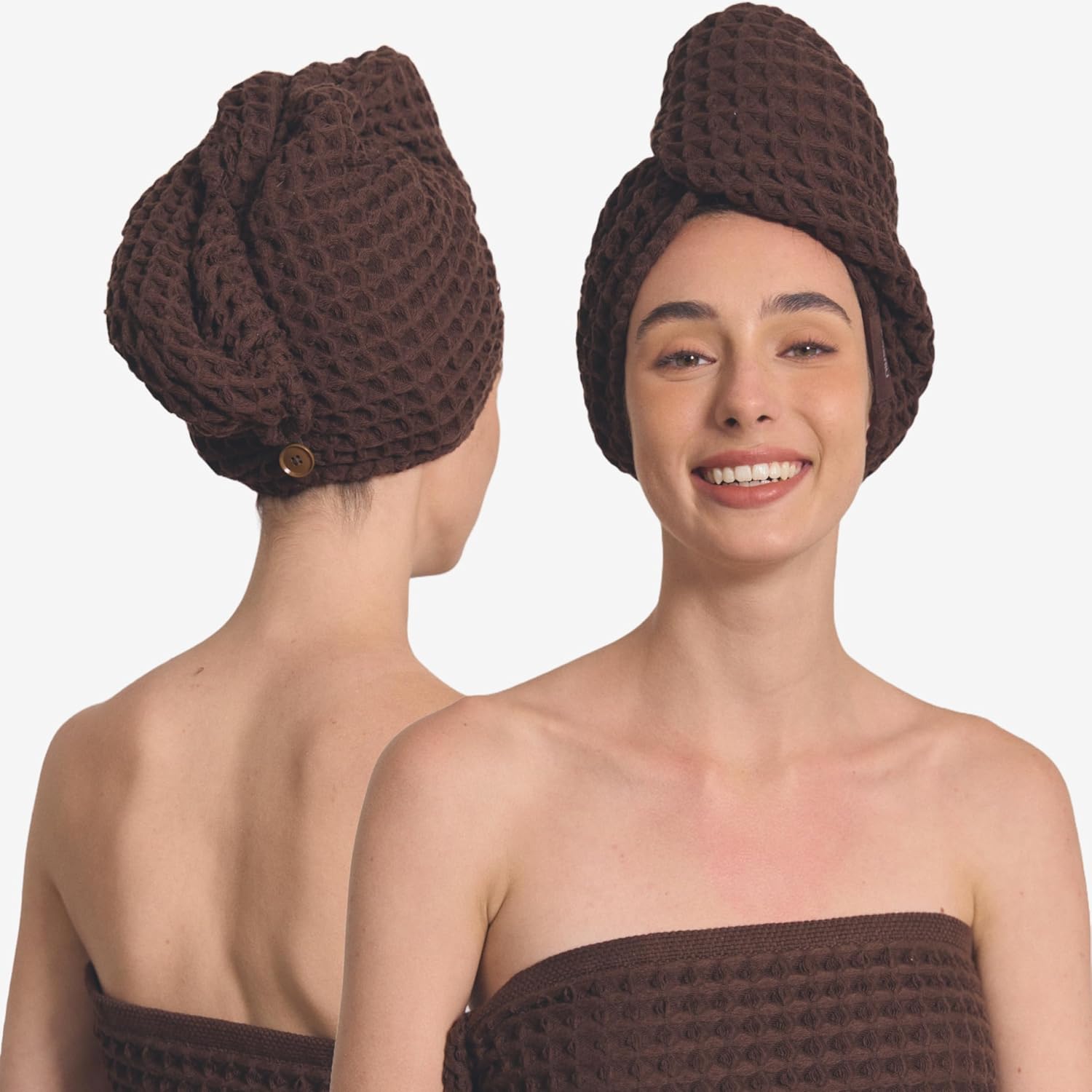 Kosmu organic cotton waffle hair towel wrap in dark cocoa front view