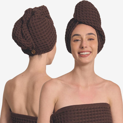 Kosmu organic cotton waffle hair towel wrap in dark cocoa front view