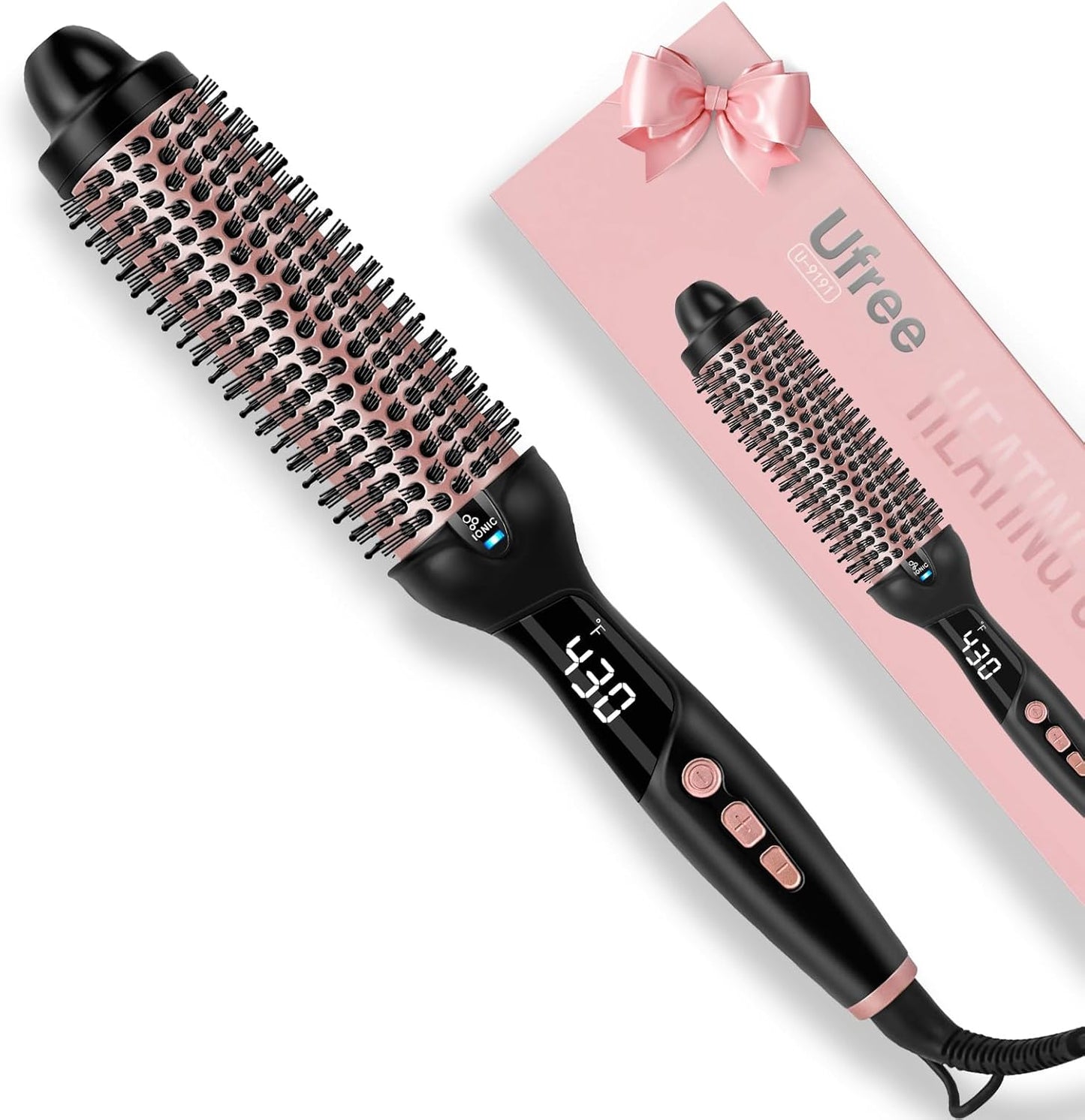 Ufree Ionic Thermal Brush front view showing the 1.5 inch ceramic barrel and digital temperature display screen.