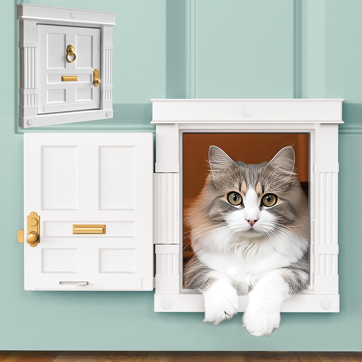 Purrfect Portal Beacon Hill interior cat door front view white frame with gold accents installed on a white wooden basement door.