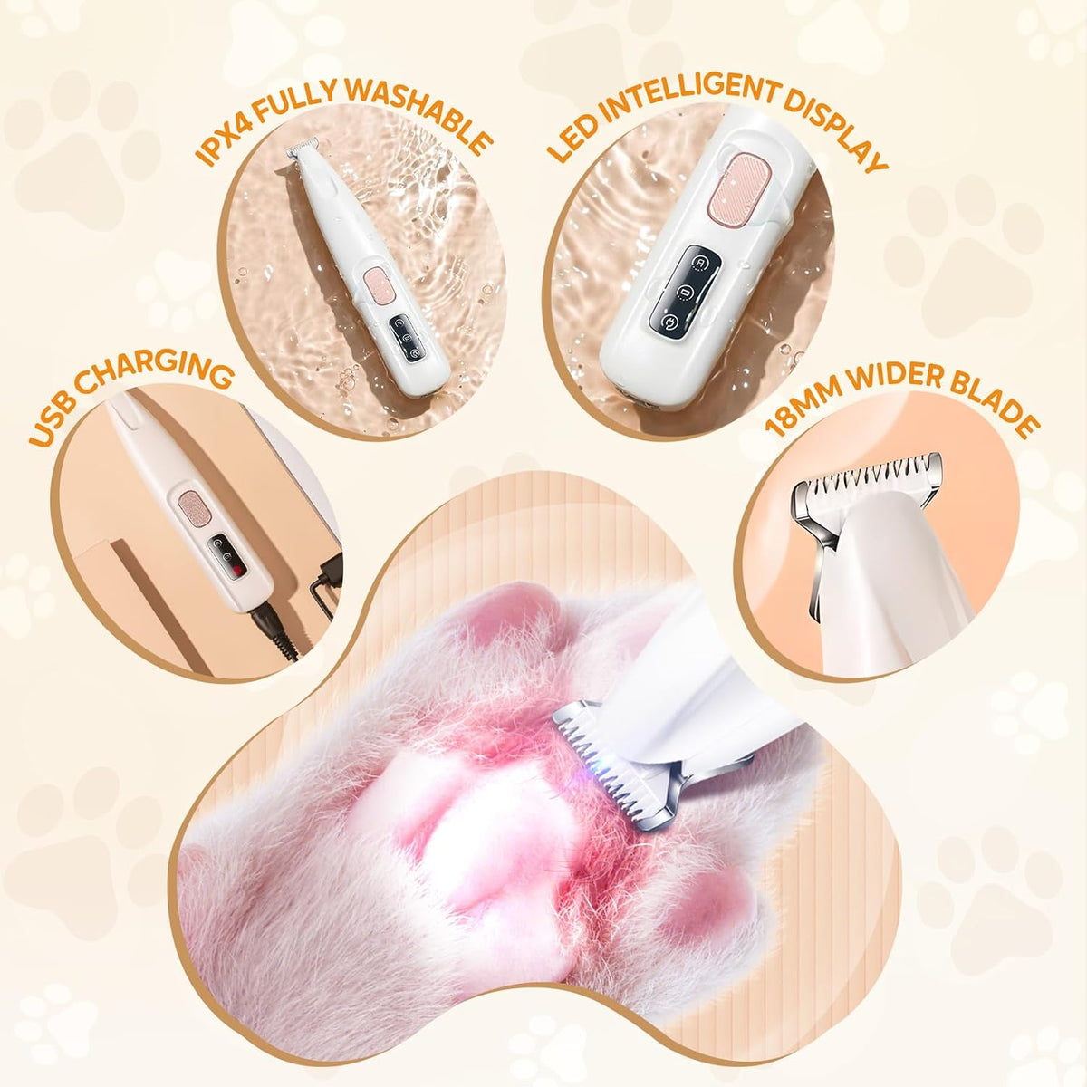 Rechargeable quiet pet shaver for paws, ears, eyes, and face showing the ergonomic grip.