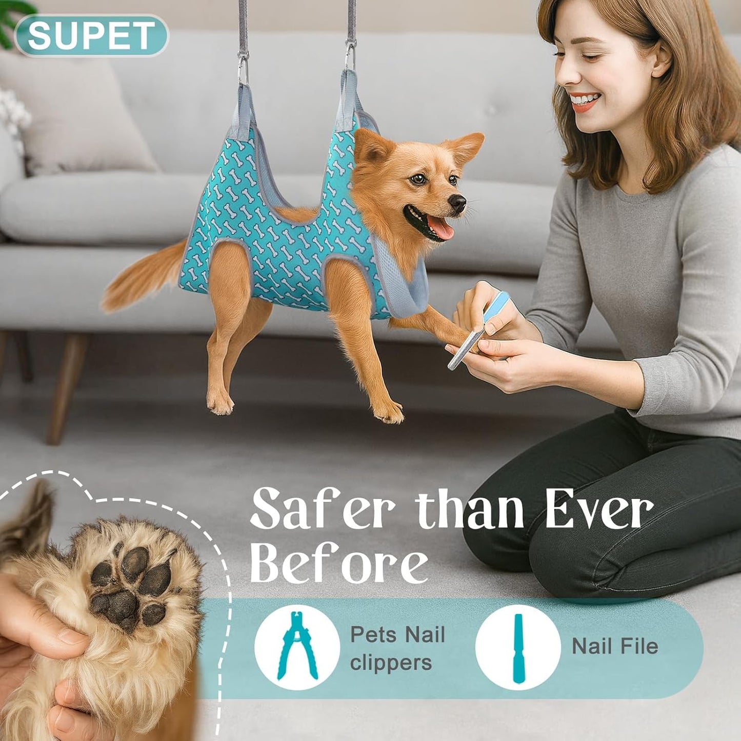 Pet in Supet hammock showing secure leg hole design