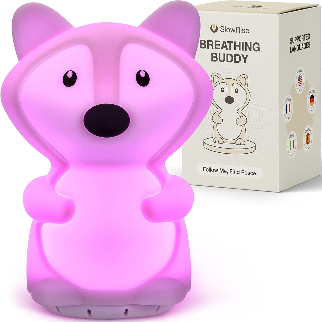 SlowRise Breathing Buddy fox meditation lamp front view showing the violet silicone exterior.