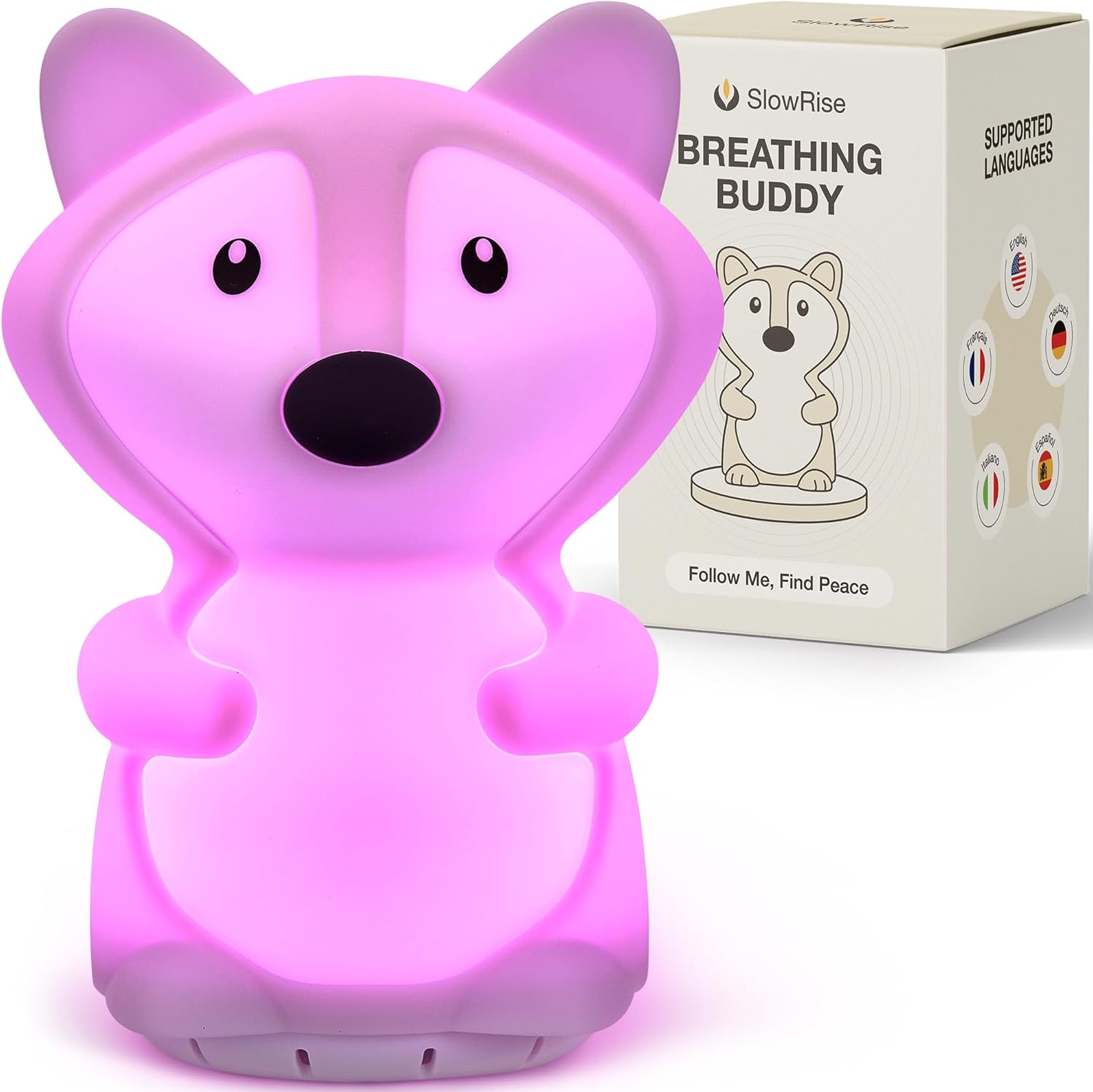 SlowRise Breathing Buddy fox meditation lamp front view showing the violet silicone exterior.