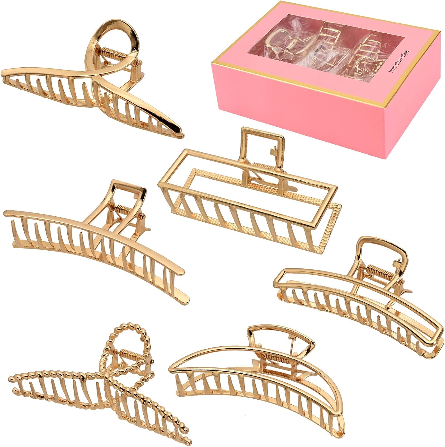 Lukacy 6 pack large gold metal hair claw clips front view