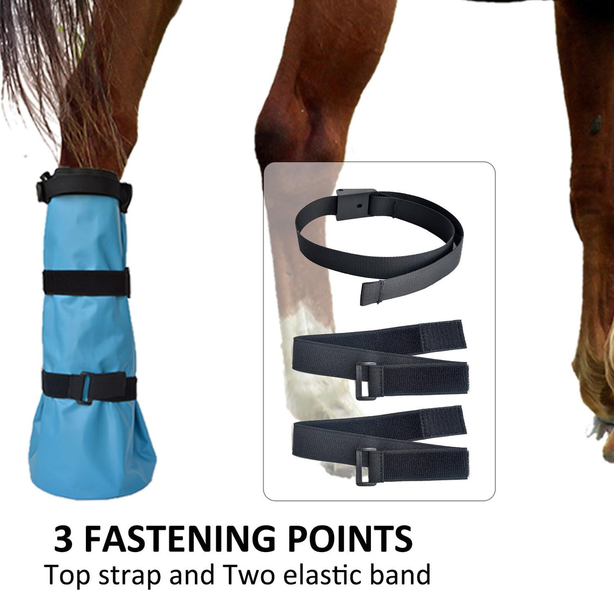 Yeezo horse hoof treatment boot with self adhesive elastic bands wrapped safely around horse leg