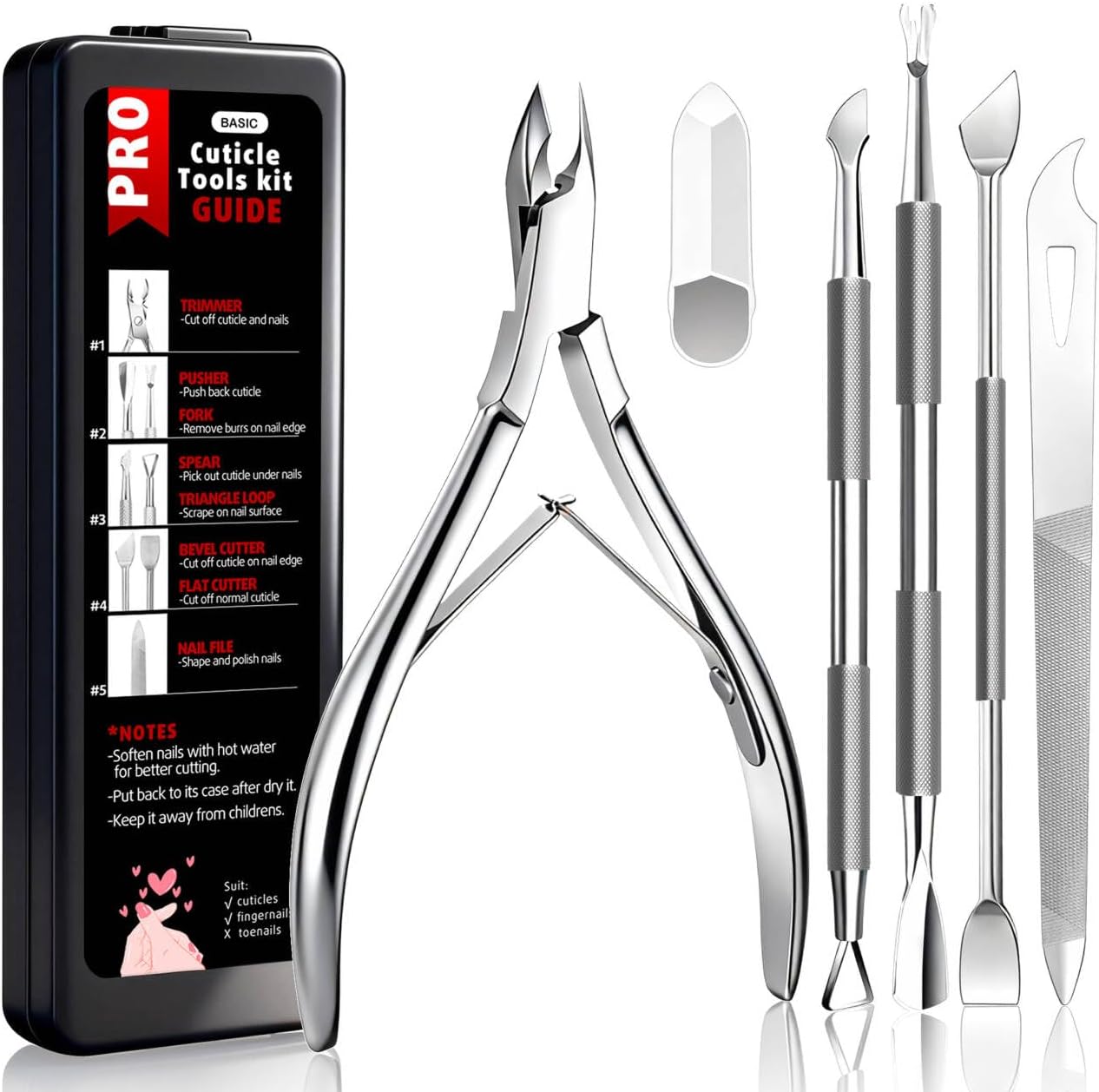 Cbiumpro 5-Pack Cuticle Trimmer Set front view showing professional stainless steel tools neatly arranged inside a black storage case