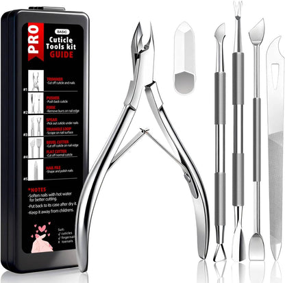 Cbiumpro 5-Pack Cuticle Trimmer Set front view showing professional stainless steel tools neatly arranged inside a black storage case