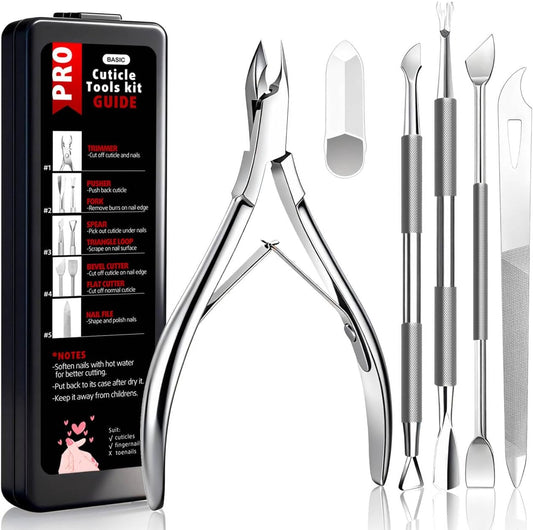 Cbiumpro 5-Pack Cuticle Trimmer Set front view showing professional stainless steel tools neatly arranged inside a black storage case