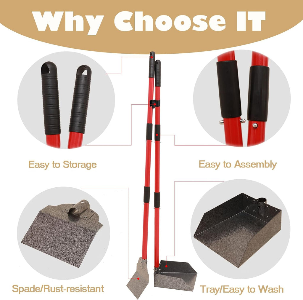 Durable metal pet waste remover with long handle on green grass.