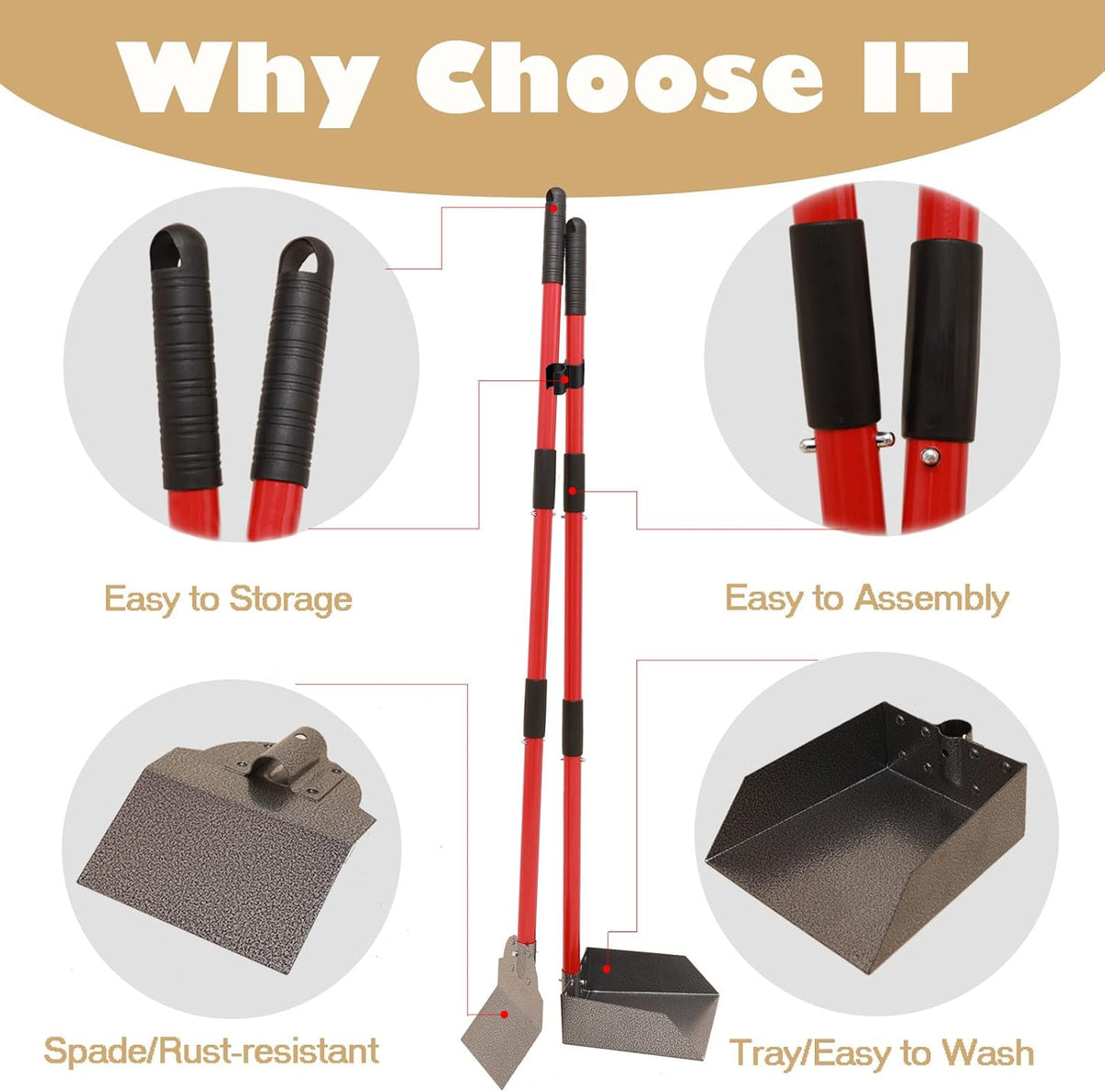 Durable metal pet waste remover with long handle on green grass.