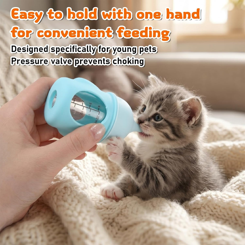 Soft silicone feeding nipple attached to the blue pet milk replacement bottle.