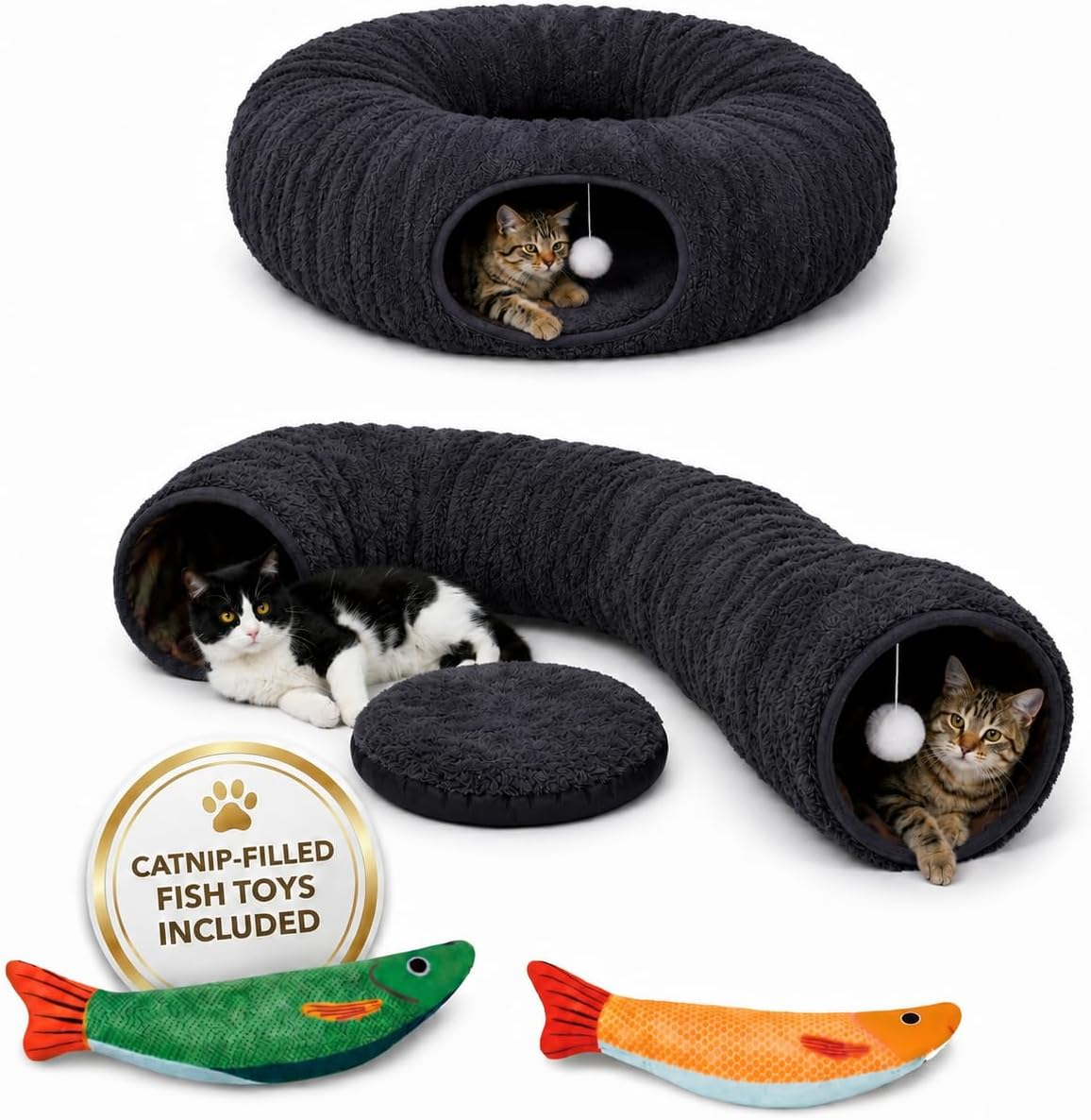 R1M MERCH Cat Tunnel Bed dark gray front view showcasing circular donut shape and plush center mat