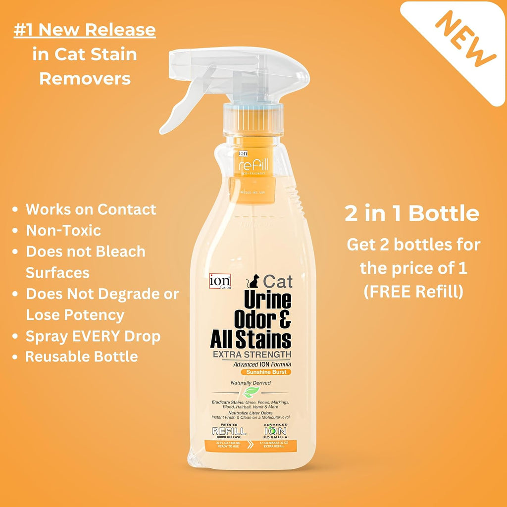 ION Fusion pet stain remover showing the two in one bottle system with refill pod