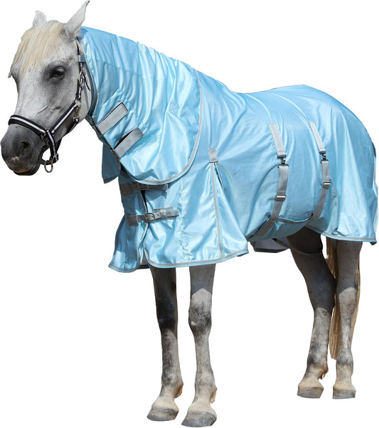 Gallopoff Summer Horse Fly Sheet front view on a horse showing cyanblue fine mesh material.
