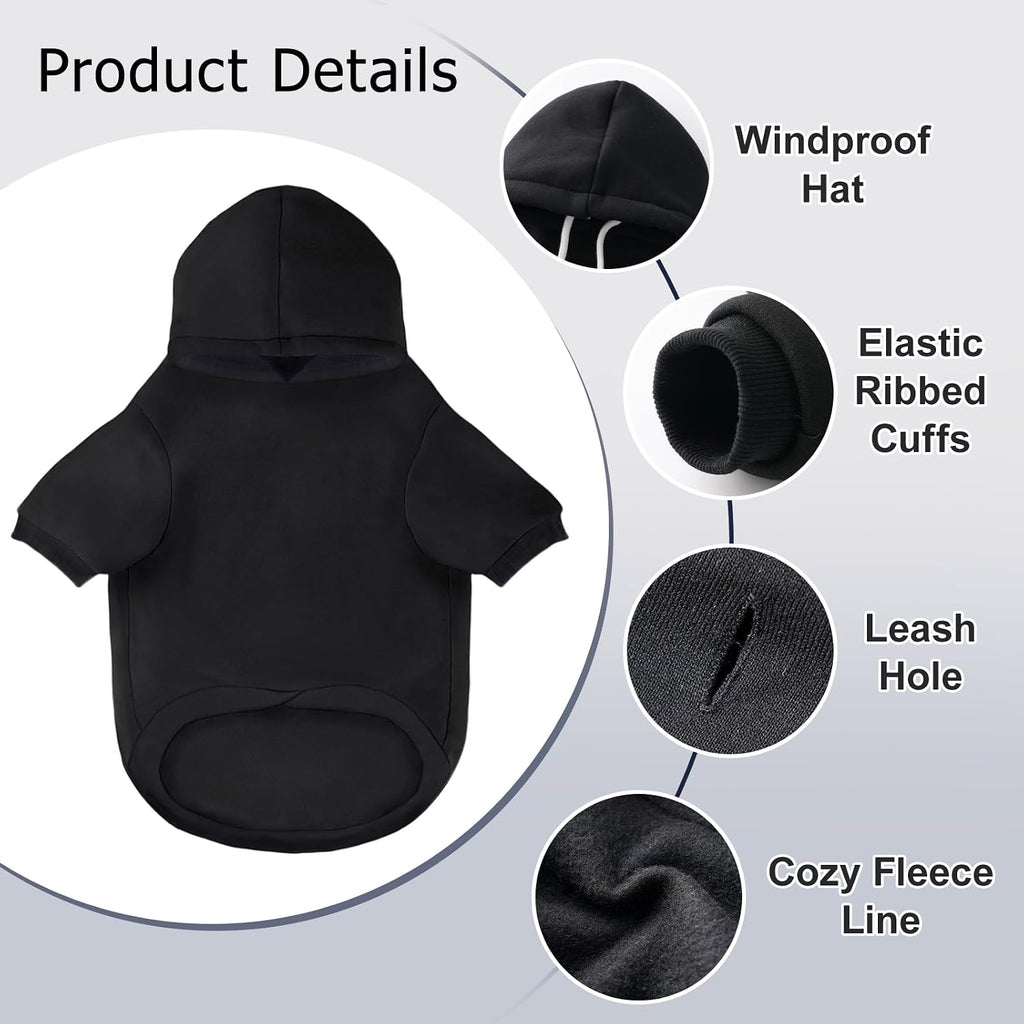 Black fleece pet sweatshirt with functional hood and convenient back pocket