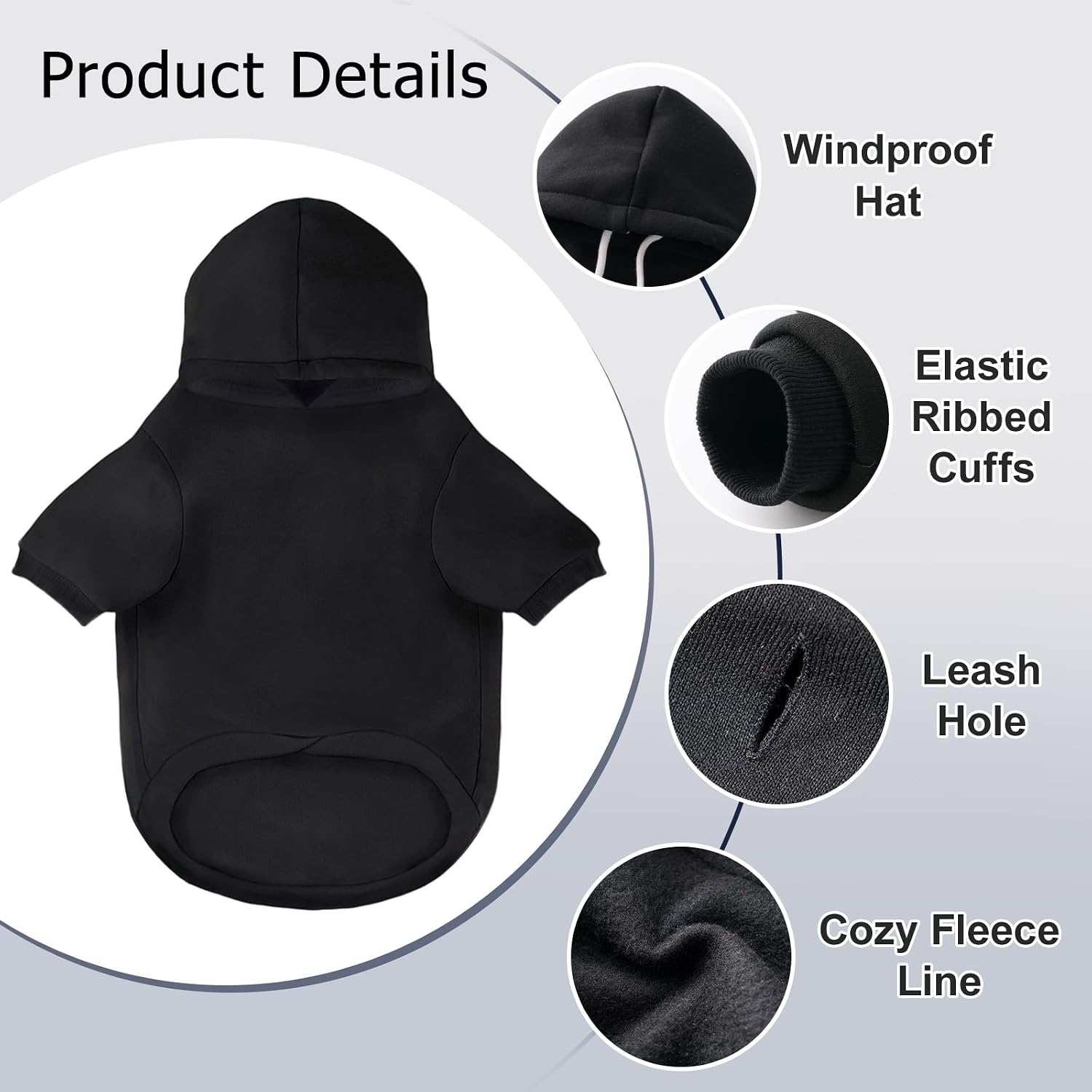Black fleece pet sweatshirt with functional hood and convenient back pocket
