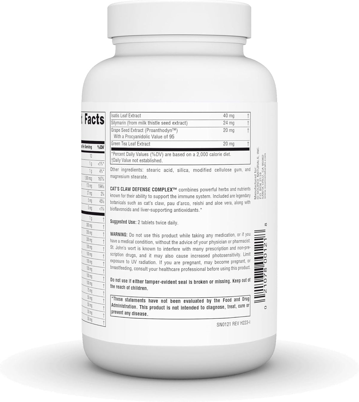 Supplement facts label on Source Naturals Cat's Claw bottle
