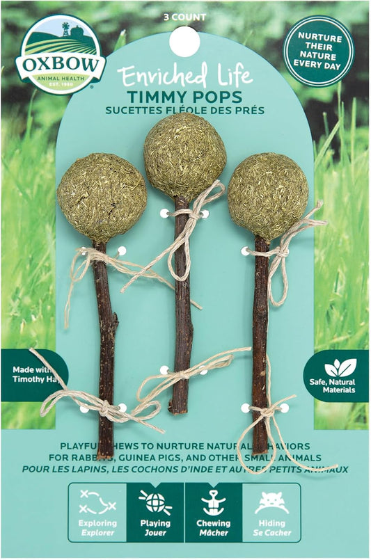 Oxbow Enriched Life Timmy Pops front view packaging showing three natural small pet chew toys.