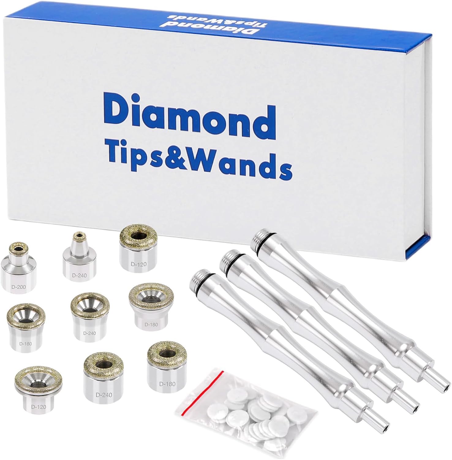 Bemoauty diamond microdermabrasion replacement kit front view featuring nine stainless steel tips and three metal wands in an organized storage box.
