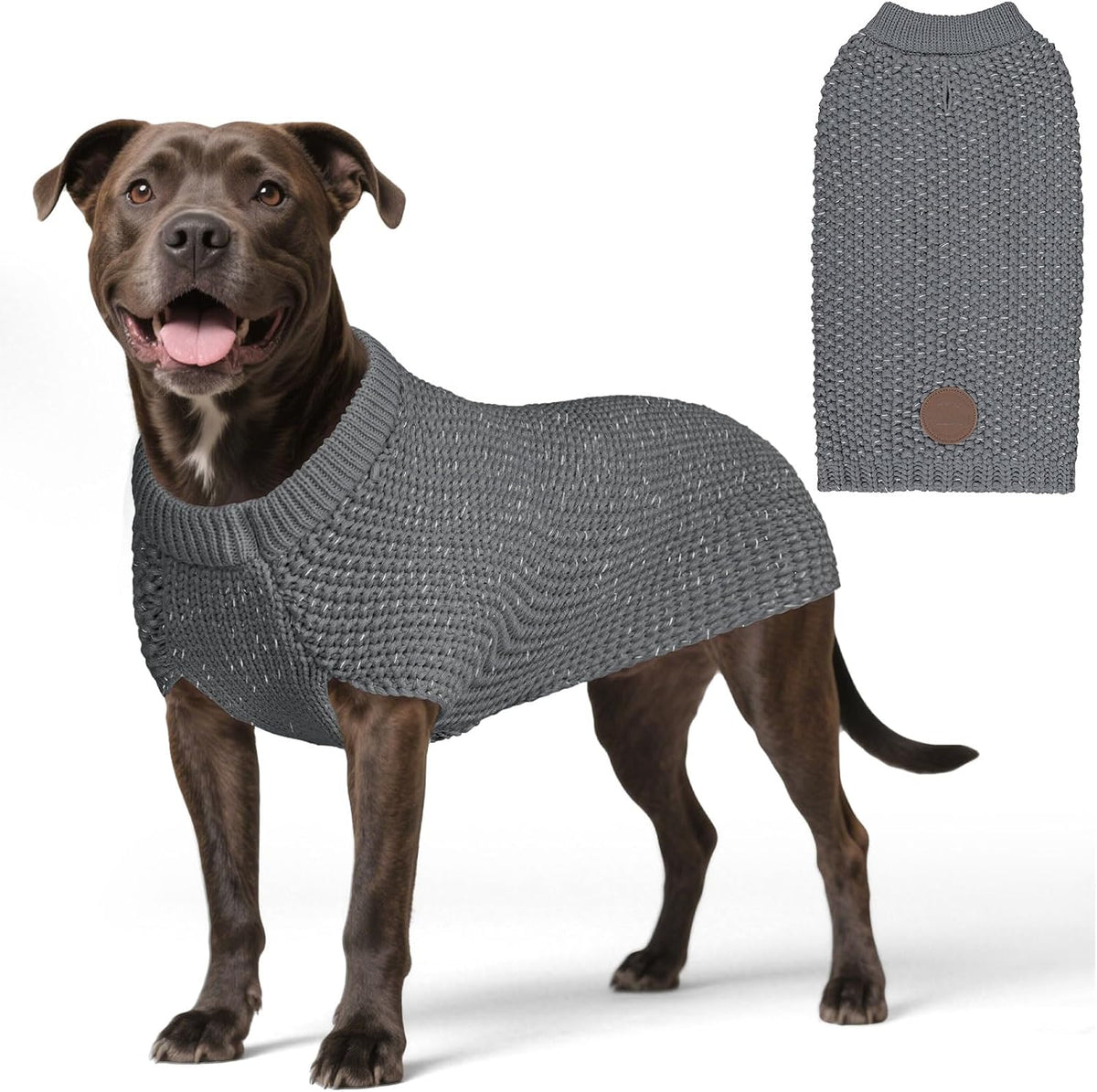 KYEESE dog sweater front view showing thick grey knitwear on a dog.