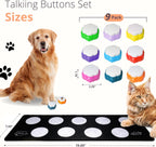 ANLIKY recordable talking buttons arranged neatly on the included black non slip placement mat for pet training