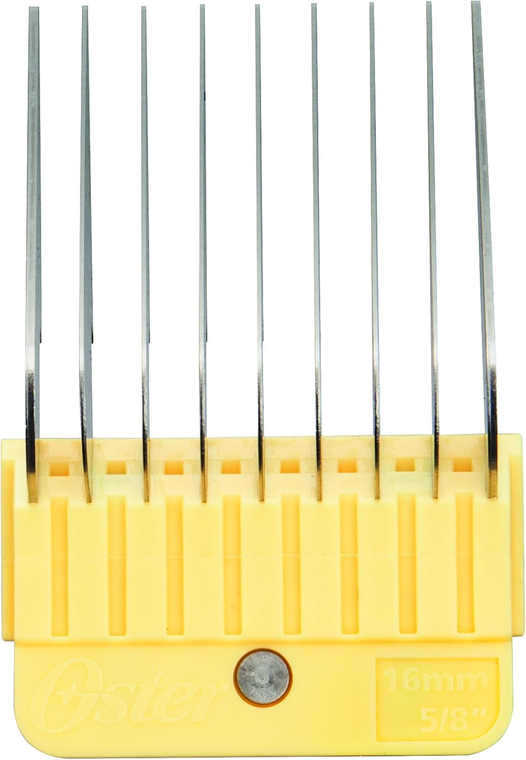 Side view of the color coded Oster stainless steel guide combs detailing universal fit styling components