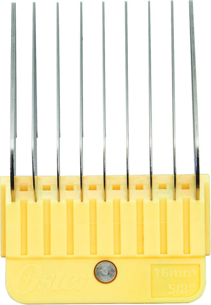 Side view of the color coded Oster stainless steel guide combs detailing universal fit styling components