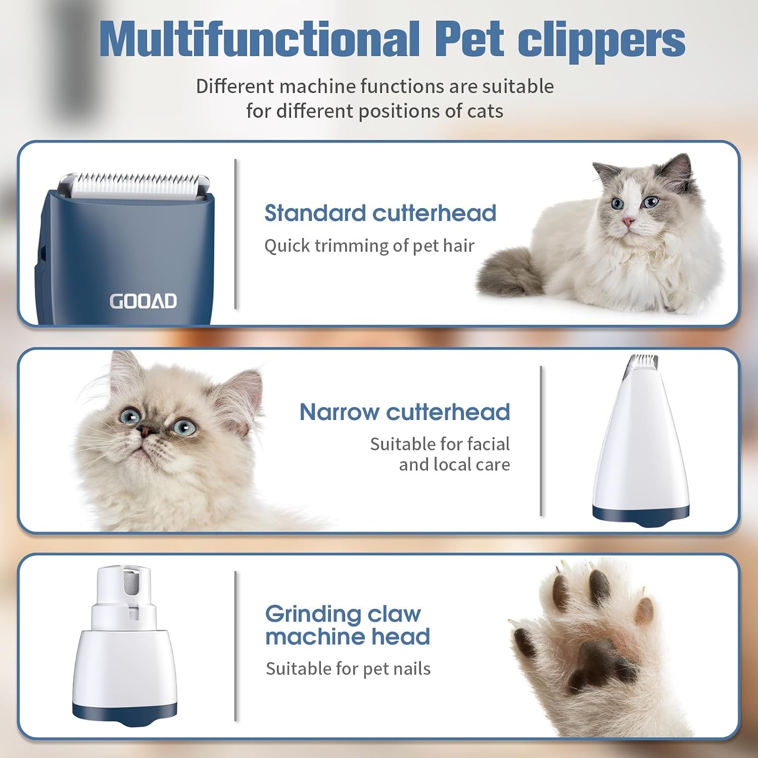 Gooad professional pet hair trimmer showing interchangeable heads and blue color