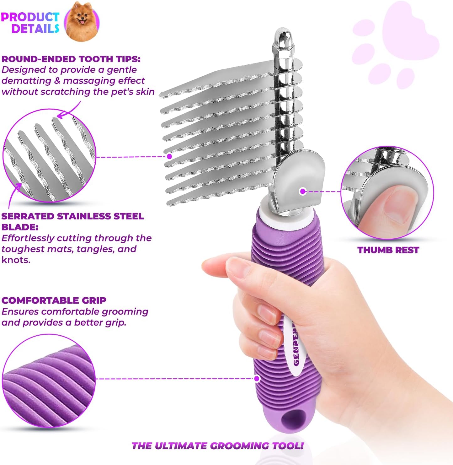 Side profile of Genpepado pet grooming rake for long hair
