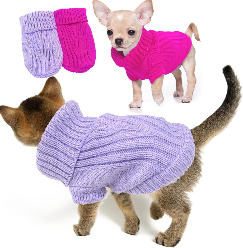 Back view of the purple knitted puppy apparel highlighting the snug fit.